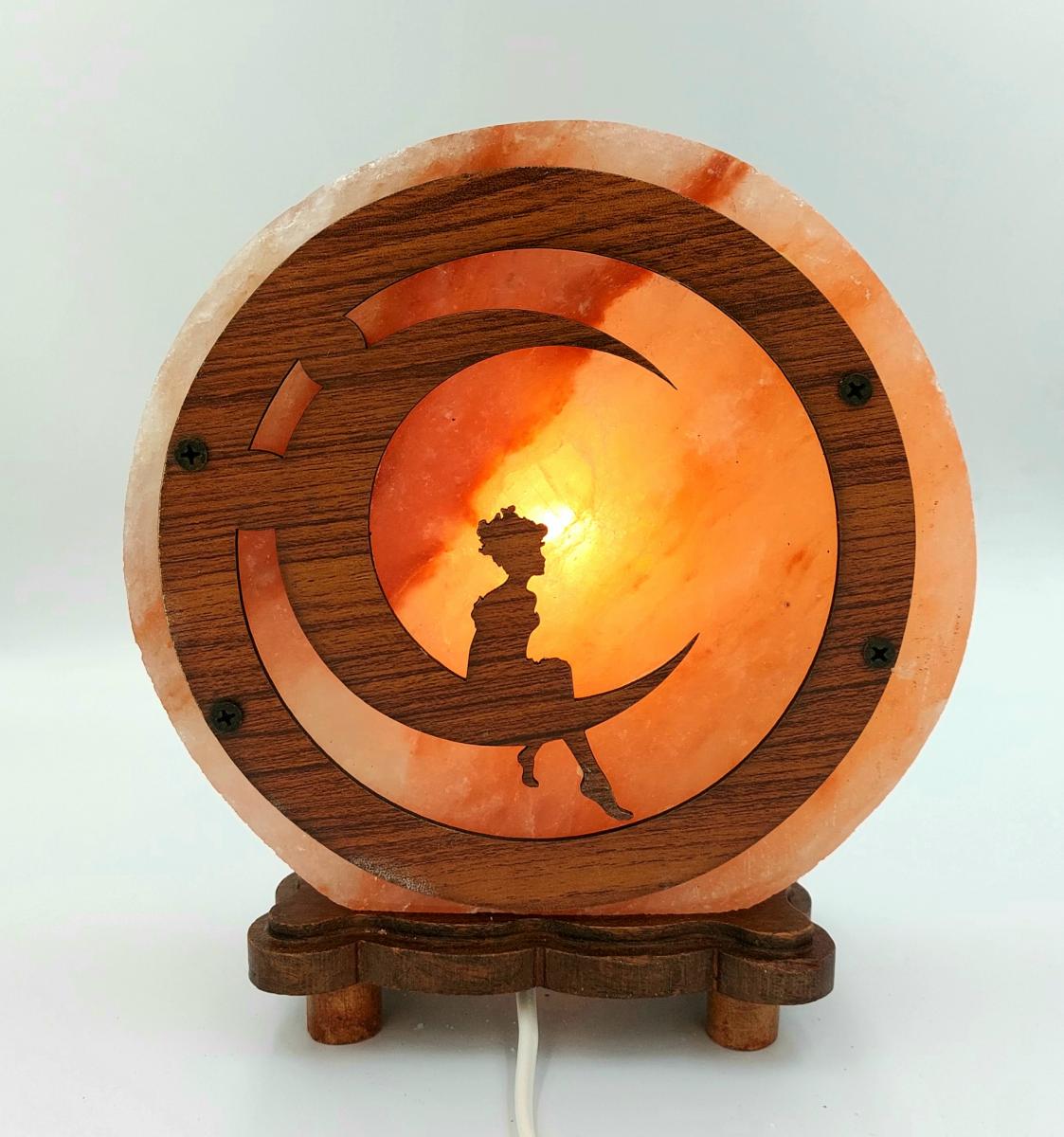 O15 Lampada di Sale Tonda con base in legno "Luna" diam.cm. 22  larg. cm.8 Peso kg.5, Pirotta Online