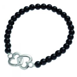 INC133 - Bracciale Elastico con Perle di Vetro Nero e Cuoricini
