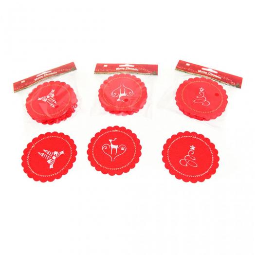 MER82933 - pacco da 24 set ognuno da 6 sottobicchieri in panno leuci decorati in rosso diametro 6 cm