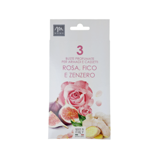 Confezione da cm.20x10 con 3 buste profumatissime per cassetto gusto Fico Rosa e Zenzero