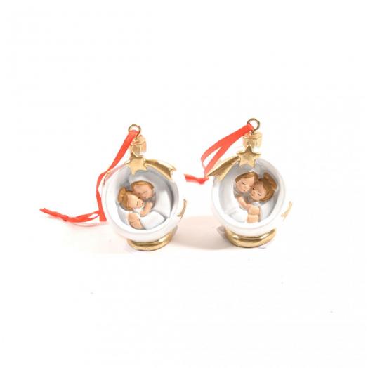 MER79941 - Scatola da 12 pendenti BIANCHI con mamma bimbo natalizio in resina cm. 4 x 4,5 alto cm. 6
